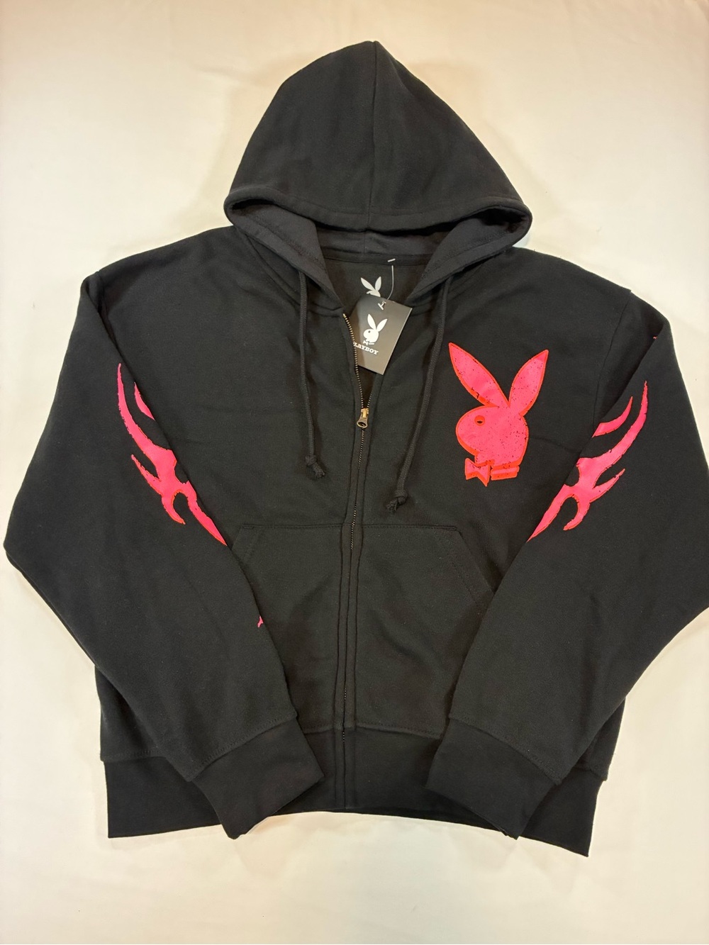 PLAYBOY Black Zip Hoodie with Pink Bunny & Sleeve Graphics